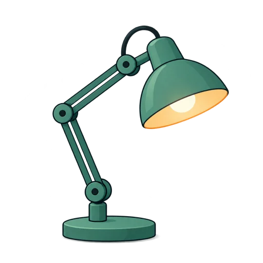 A green desk lamp glowing softly
