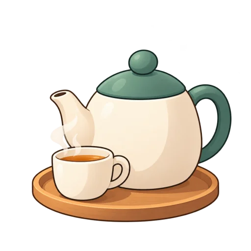 A teapot and a cup on a wooden tray