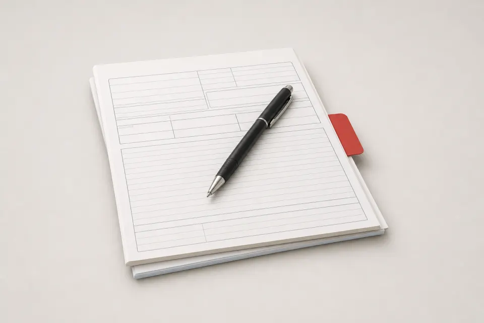 Blank form pages with a black pen