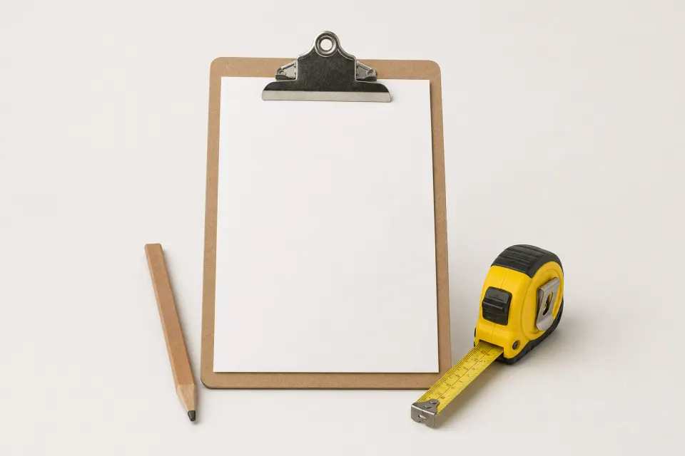 Blank clipboard with a pencil and a yellow tape measure