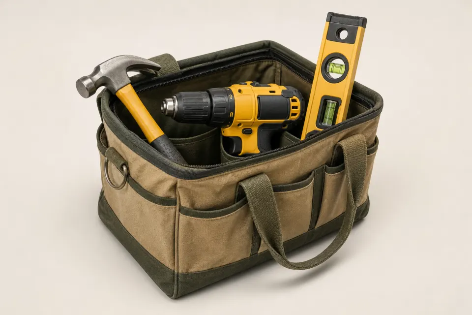 Tool bag holding a hammer, cordless drill and level