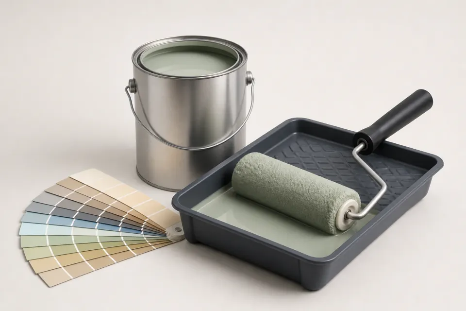 Paint can, roller in a tray and color swatch fan
