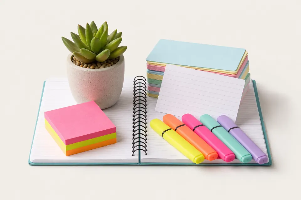 Highlighters, sticky notes, flashcards and a succulent on an open notebook