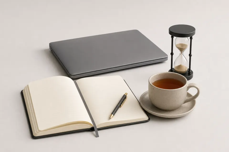 Open notebook, closed laptop, hourglass and a cup of tea on a desk