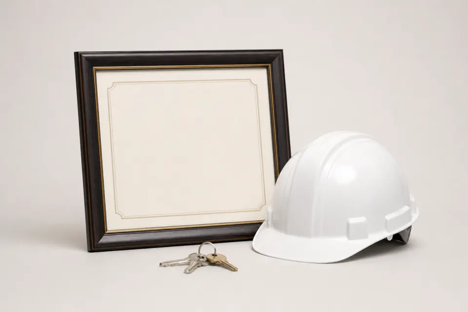 Empty framed certificate with a hard hat and keys