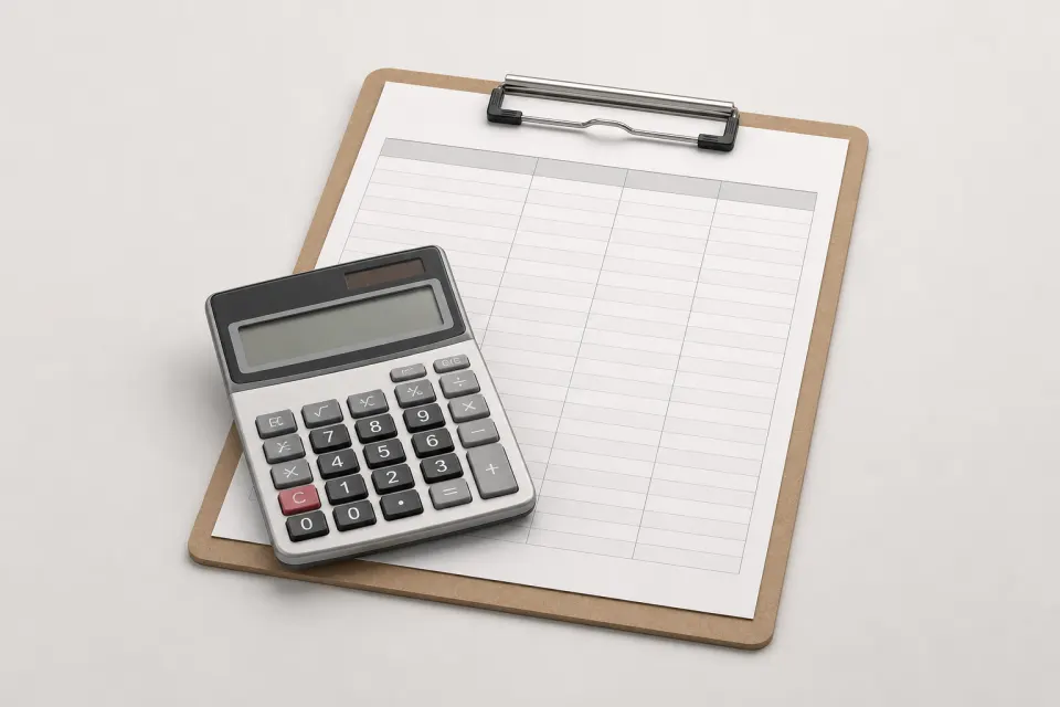 Calculator on a clipboard with a blank price sheet