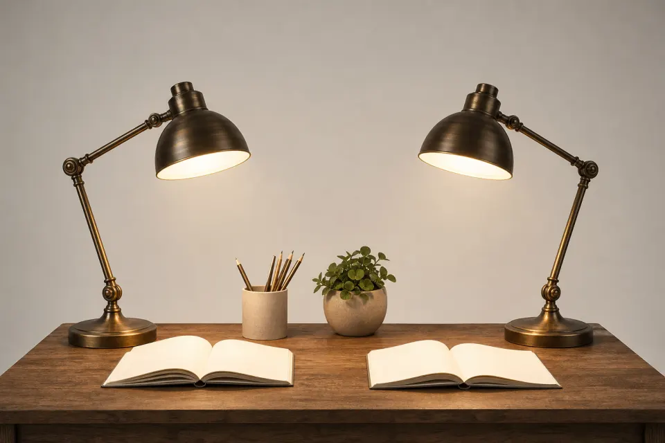 Two desk lamps lighting two open notebooks on a shared table