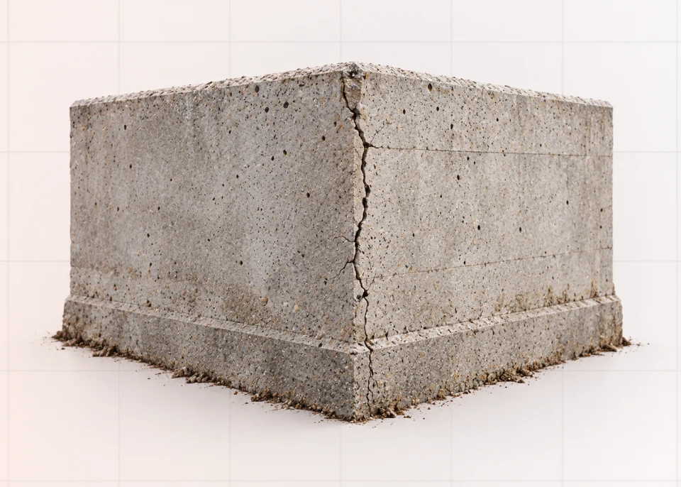 Corner of a concrete foundation with a vertical crack