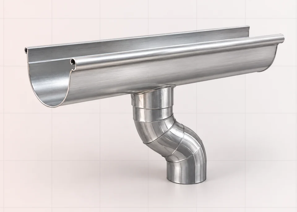 Seamless aluminum gutter section with a downspout elbow
