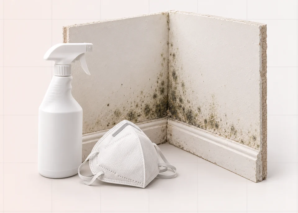Mold spots in a drywall corner beside a spray bottle and respirator mask
