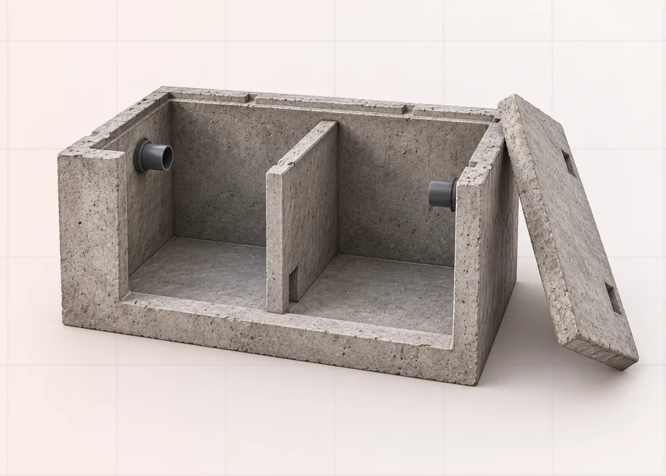 Concrete septic tank cutaway with the lid set beside it