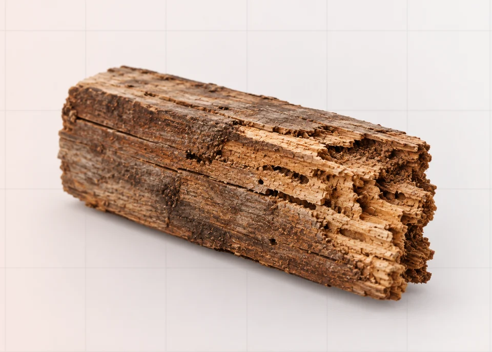 Termite-damaged structural wood showing chewed channels