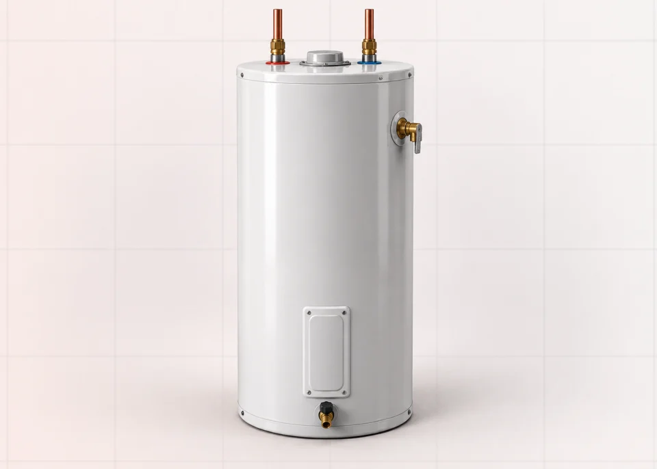 White tank water heater with pipes at the top