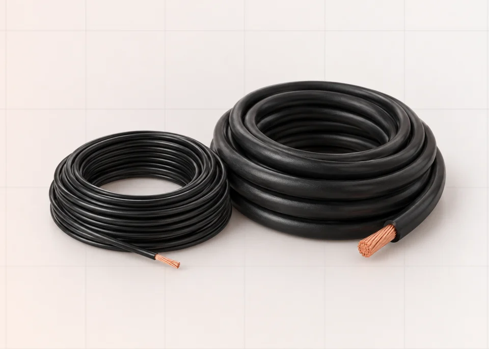 Two coils of insulated copper electrical wire in different gauges, with their unconnected copper ends exposed