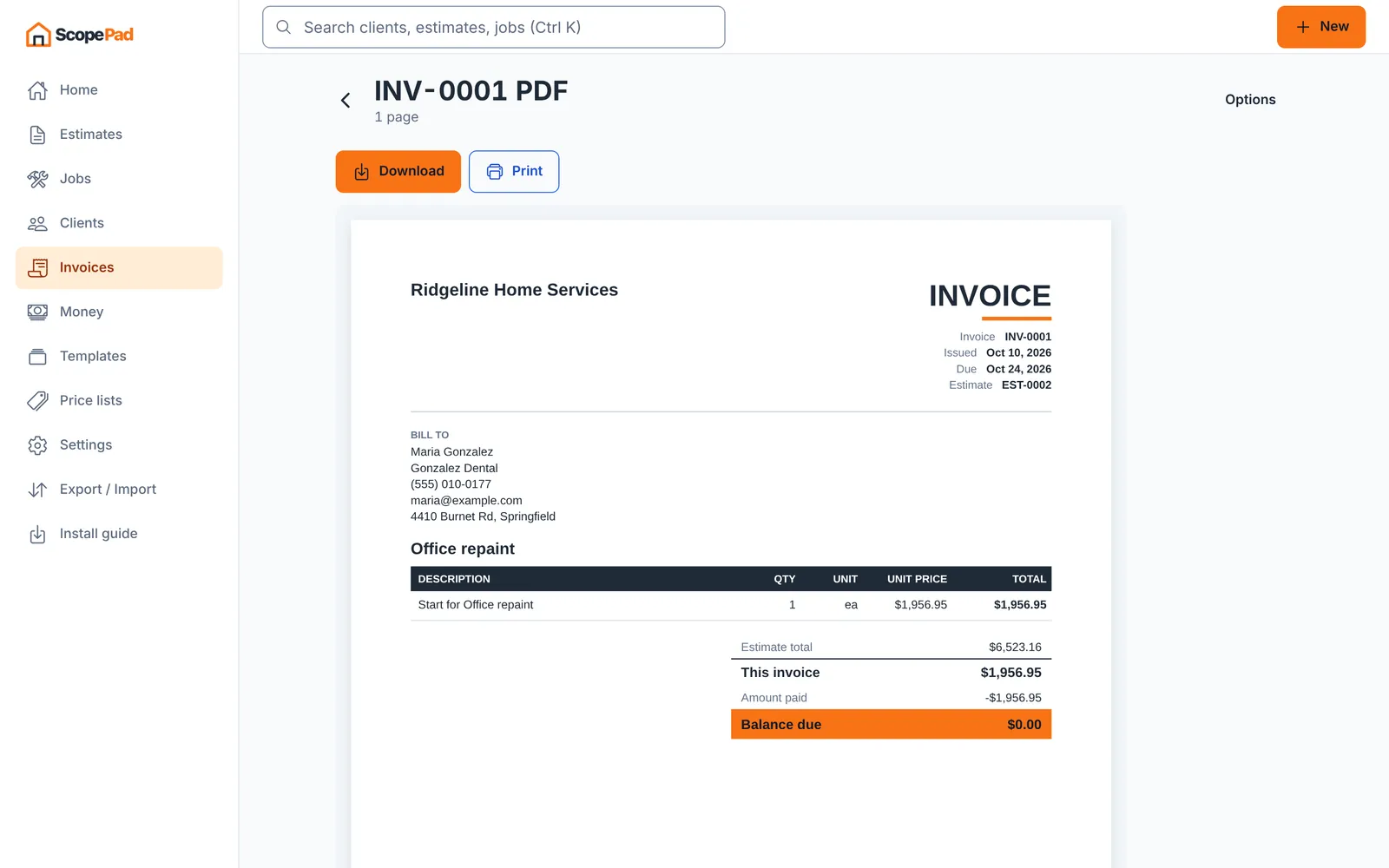 An invoice PDF in ScopePad showing the estimate total, this invoice, the amount paid and the balance due