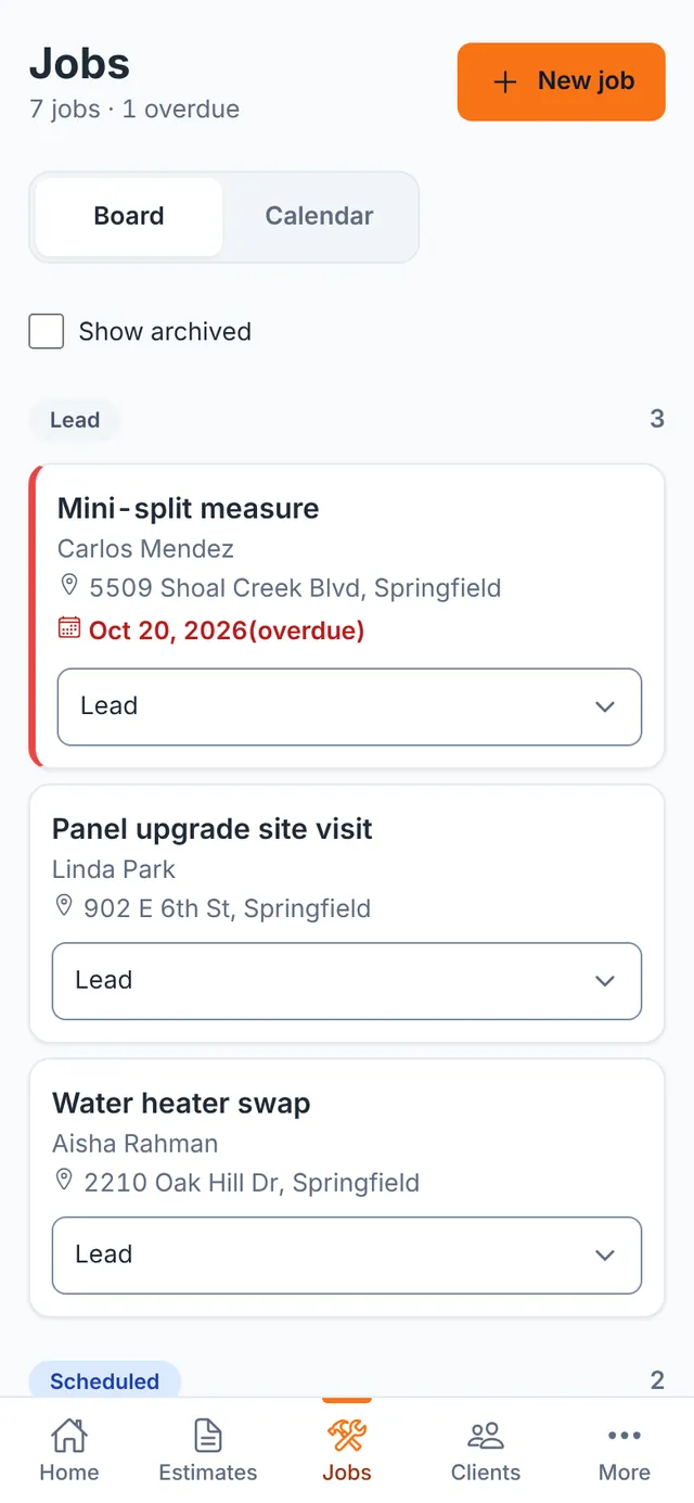 ScopePad jobs board on a phone with lead cards, addresses and an overdue date