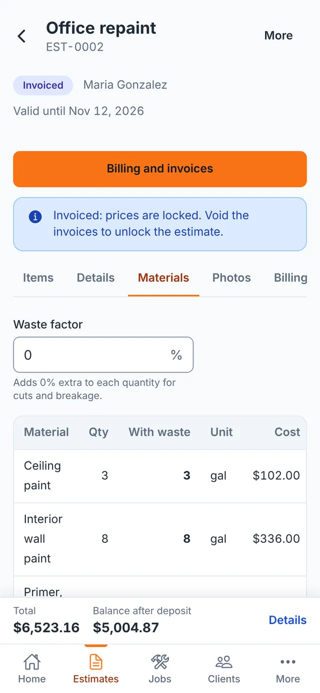 ScopePad materials list on a phone with quantities, units and costs for an office repaint
