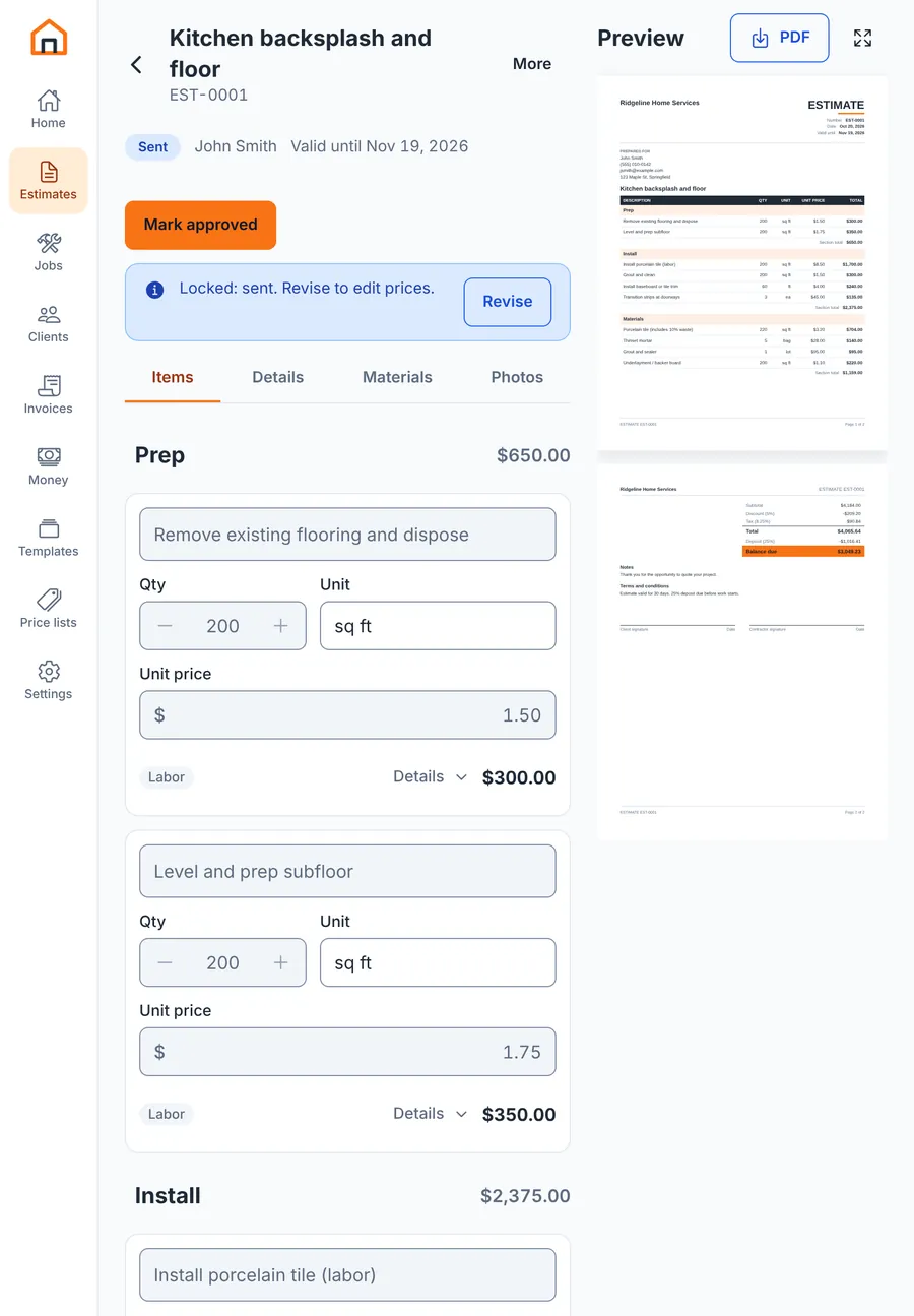 ScopePad estimate editor with PDF preview on a tablet
